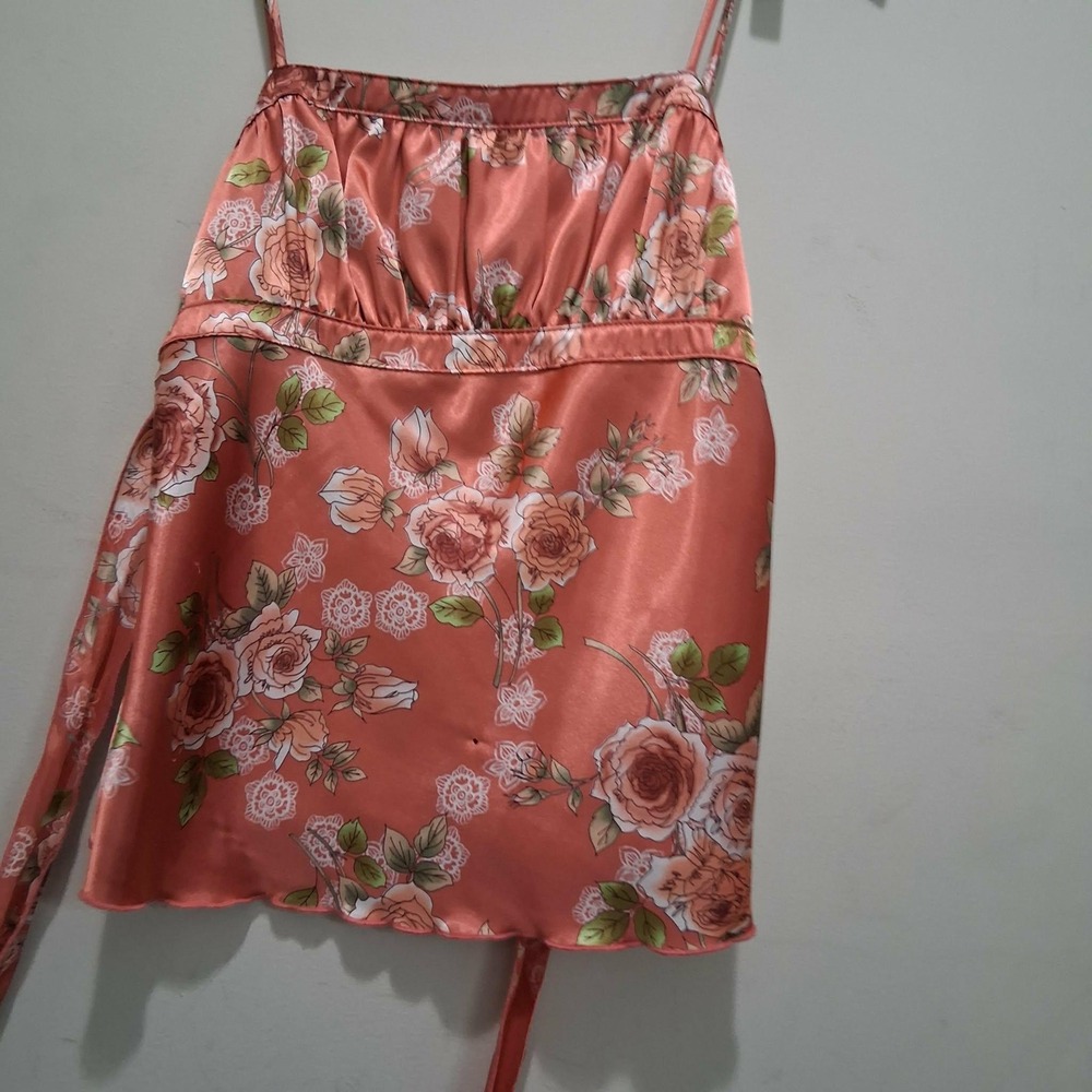Self Esteem Y2K Floral Satin Cami Top Coral Pink Empire Waist Lettuce Hem Small